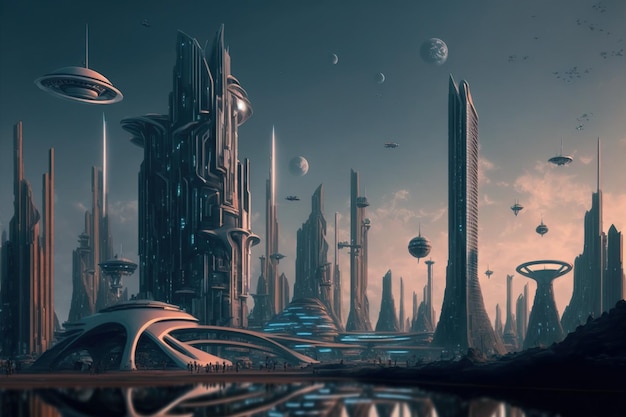 Skyline of futuristic city with fictional architecture in panoramic view