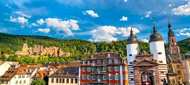 Skyline of heidelberg with castle and stadttor gate in germany