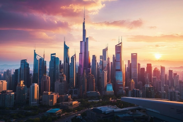 Skyline of a modern city at sunset