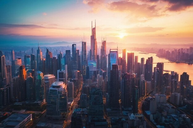 Skyline of a modern city at sunset