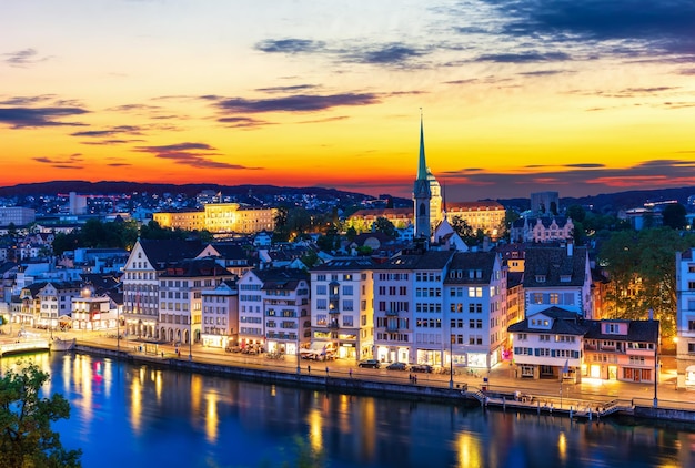 Skyline panorama on the downtown of Zurich night view Switzerland