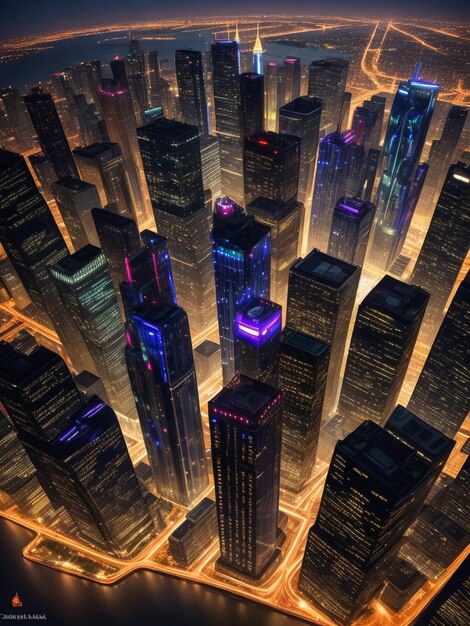 Skyline panorama of Dubai Marina showing canal surrounded by illuminated skyscrapers along shoreline