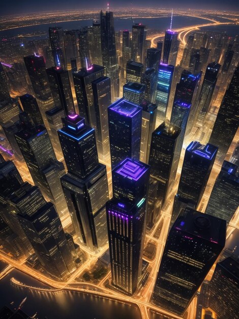 Skyline panorama of Dubai Marina showing canal surrounded by illuminated skyscrapers along shoreline