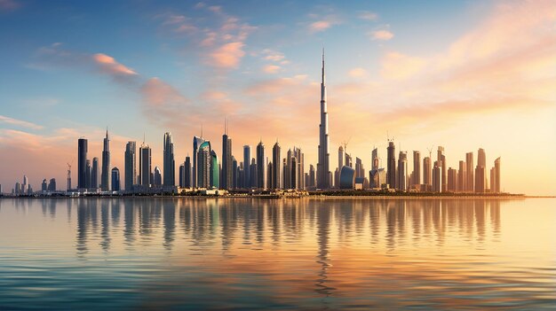 skyline panorama of Dubai at sunset with reflection