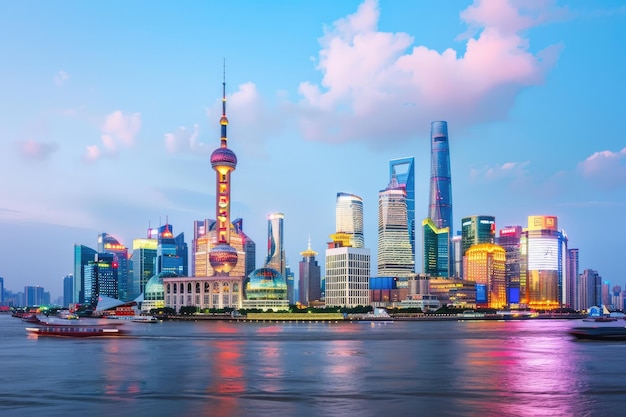 Photo skyline of shanghai at dusk with river and skyscrapers