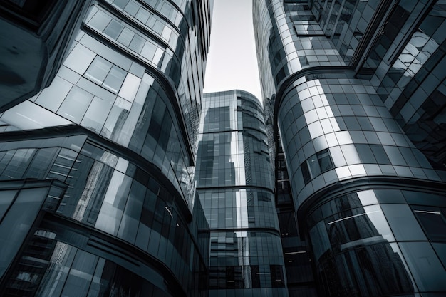 Skyline of towering skyscrapers in black and white