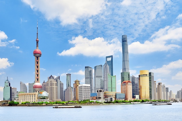 Skyline view from Bund waterfront on Pudong New Area- the business quarter of the Shanghai.