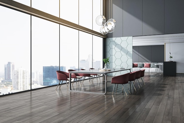 Skyline view from panoramic window in sunlit spacious high floor office hall with stylish grey meeting table and glossy red chairs on wooden floor and polygonal print wall background 3D rendering