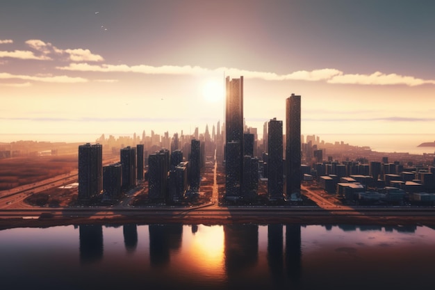 Skyline with modern buildings at sunset created using generative ai technology