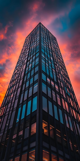 Skyscraper against vibrant sunset sky