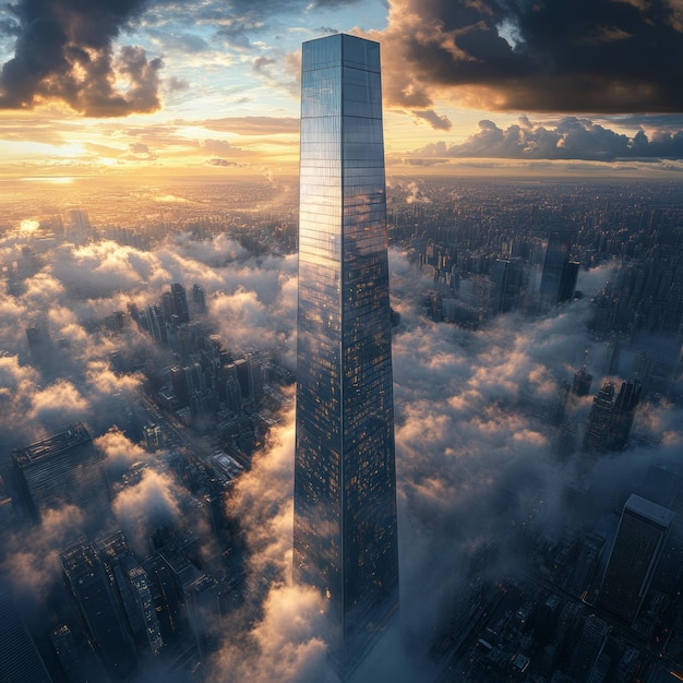 Photo skyscraper in clouds at sunset