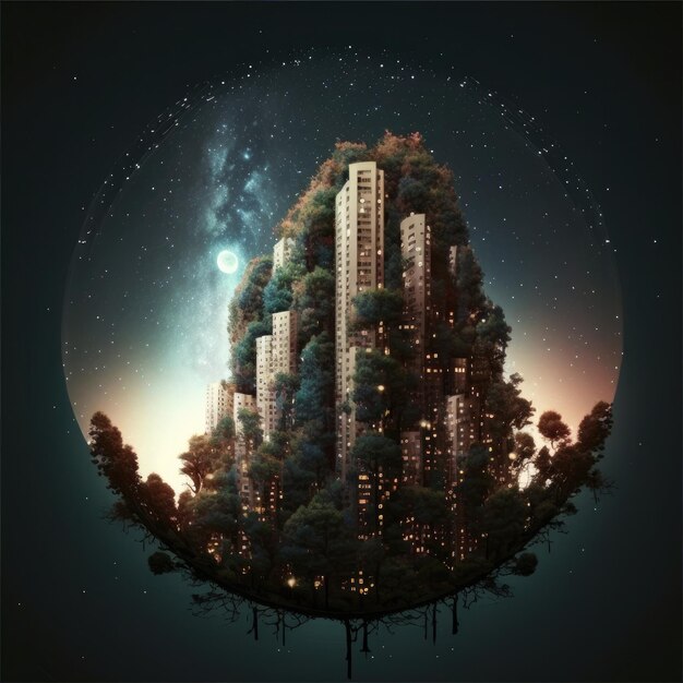 Skyscraper Made Of Trees Night City Generative AI