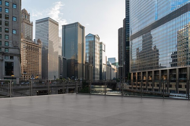 Skyscrapers Cityscape Downtown Chicago Skyline Buildings Beautiful Real Estate Day time Empty rooftop View Success concept