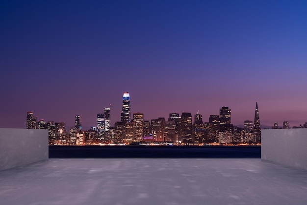 Skyscrapers Cityscape Downtown San Francisco Skyline Buildings Beautiful Real Estate Night time Empty rooftop View Success concept