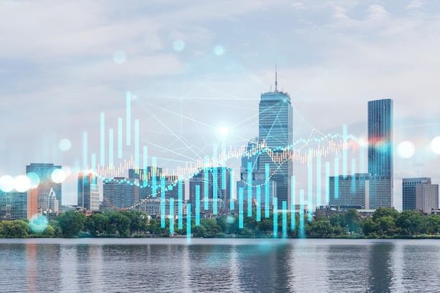 Skyscrapers Cityscape Downtown View Boston Skyline Buildings Beautiful Real Estate Day time Forex Financial graph and chart hologram Business education concept