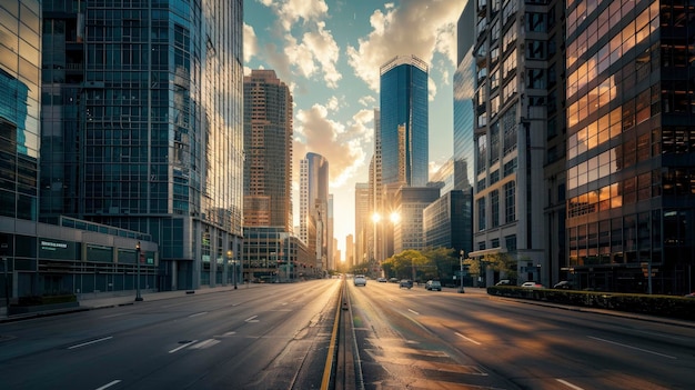 Skyscrapers of a modern city on a sunny day and a long street between them going beyond horizon