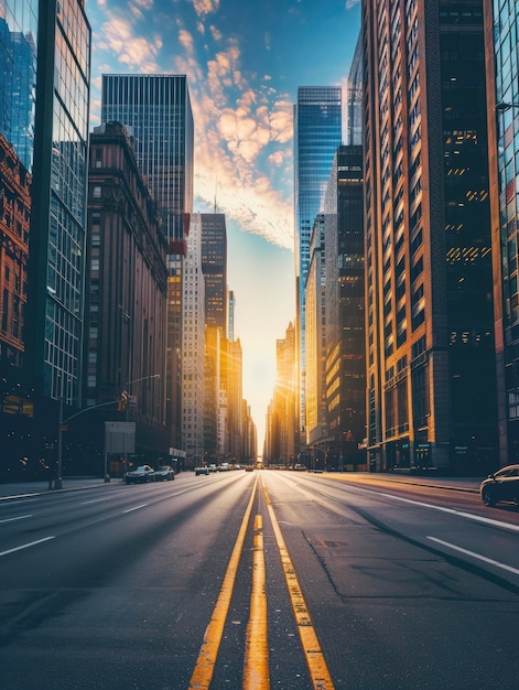 Skyscrapers of a modern city on a sunny day and a long street between them going beyond horizon