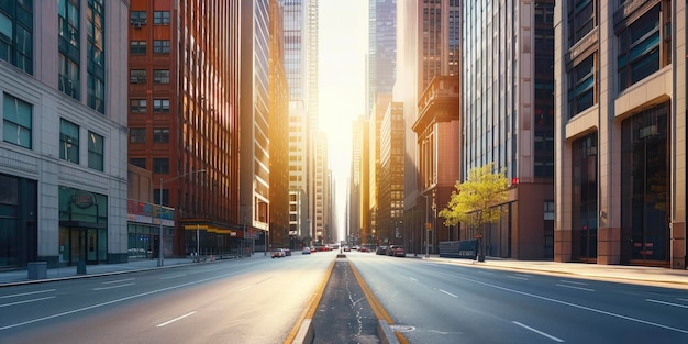 Skyscrapers of a modern city on a sunny day and a long street between them going beyond horizon