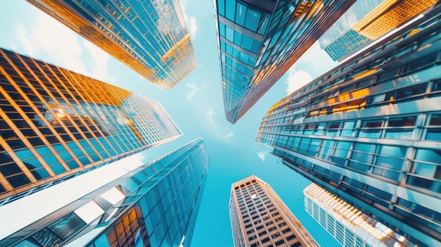 skyscrapers reaching towards the sky with reflective glass facades under a blue sky perspective