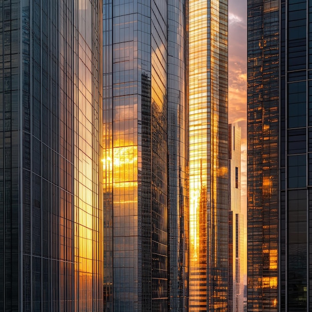 Skyscrapers reflect the golden hues of sunset