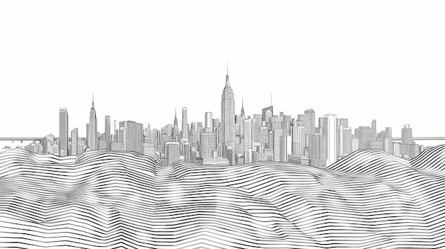 Skyscrapers rising above wavy lines blending cityscape with abstract art