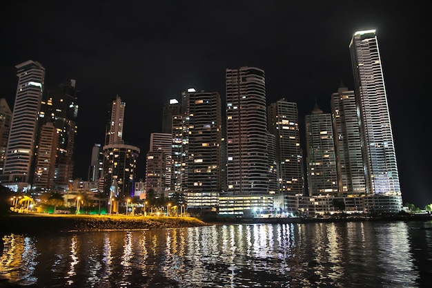 Skyscrapers on seafront of Panama city at night, Central America