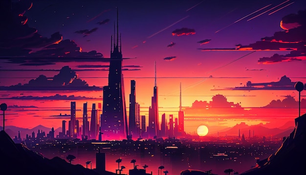 Skyscrapers silhouette against multi colored sunset backdrop Generative AI generative AI