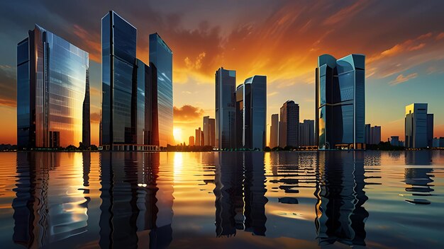 Skyscrapers at sunset graphic perspective of buildings and reflections on water Abstract architec