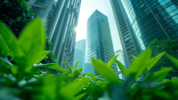 Skyscrapers tower above a tropical oasis showcasing the contrast between nature and urban development