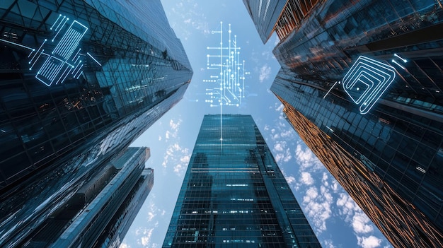 Photo skyscrapers with a digital 5g network graphic against a sky backdrop symbolizing technology and connectivity