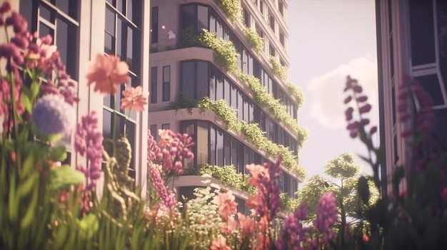 Skyscrapers with flowers and vegetation along balconies