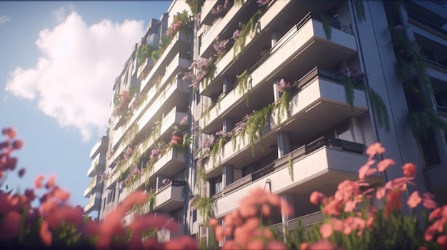 Skyscrapers with flowers and vegetation along balconies