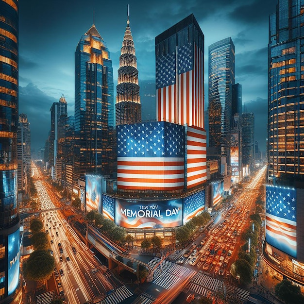 Skyscrapers with massive American flags illuminated billboards displaying Memorial Day boldly