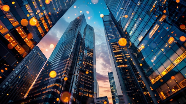 Skyscrapers with sparkling lights against a dusk sky dotted with glowing lights ideal for business