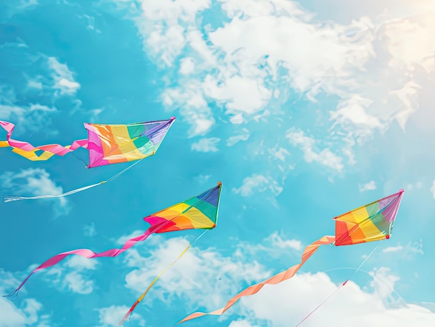 Skyward Celebration Colorful kites soar against a bright blue sky with fluffy clouds capturing the joy and freedom of a breezy summer day summer day flying high leisure playful wind