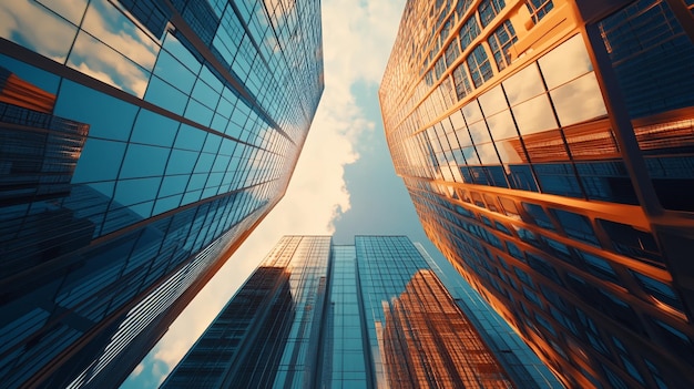 Skyward view of modern glass skyscrapers reflecting sunlight in a bustling urban environment during