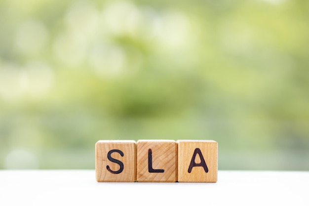 SLA word is written on wooden cubes on a green summer background Closeup of wooden elements