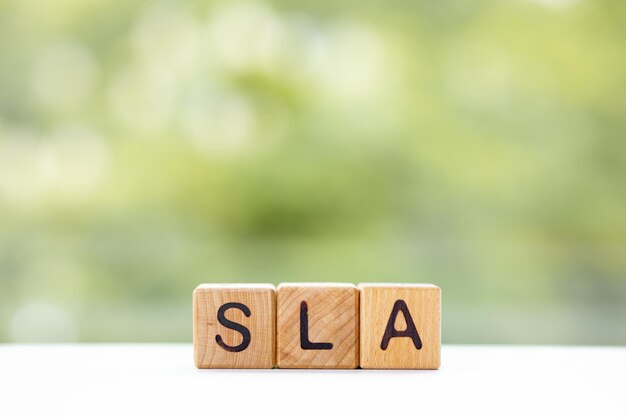 Photo sla word is written on wooden cubes on a green summer background closeup of wooden elements