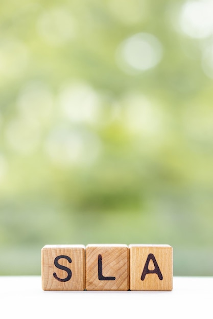 Photo sla word is written on wooden cubes on a green summer background closeup of wooden elements