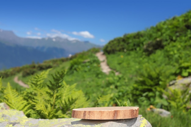 A slab with flowers is a Podium with a view of the mountains. The front showcase with a stage