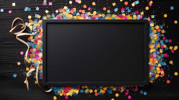 Slat board and confetti on black background