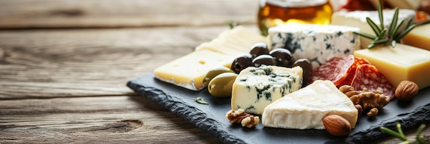 Photo slate cheese board with blue cheese olives and nuts on a rustic table perfect for highprotein keto and carnivore diets