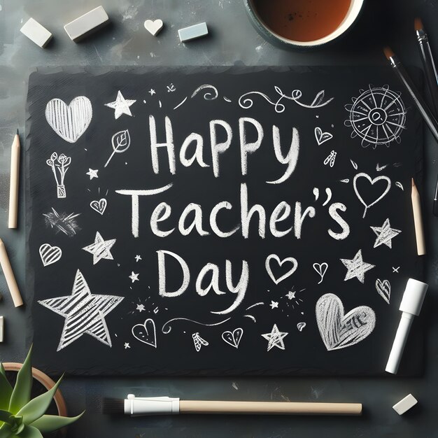 A slate with the message Happy Teachers Day written in chalk