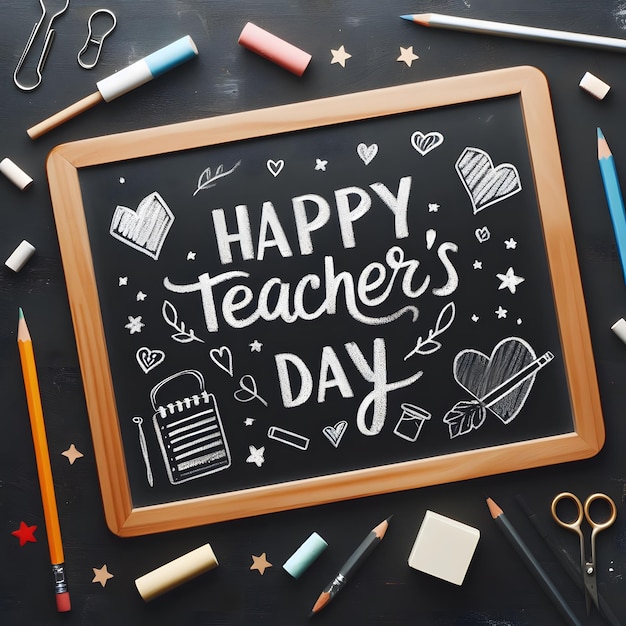 A slate with the message Happy Teachers Day written in chalk