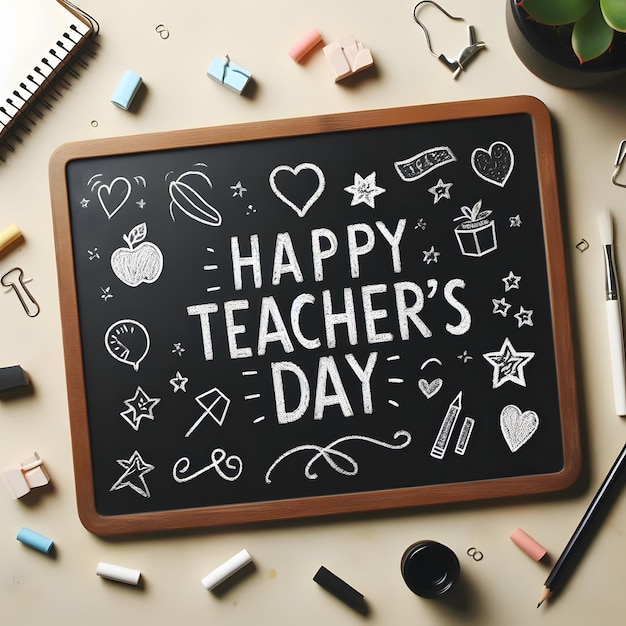 A slate with the message Happy Teachers Day written in chalk