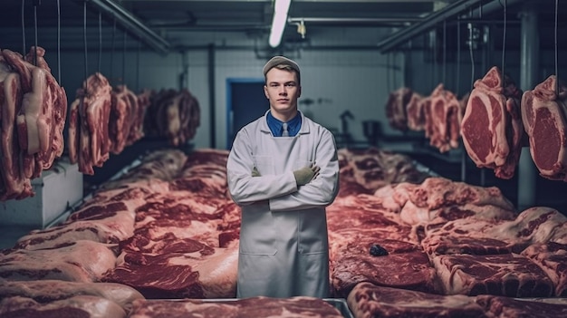 In the slaughterhouse a selfassured meat factory worker is standing by the large pieces of meat Generative AI