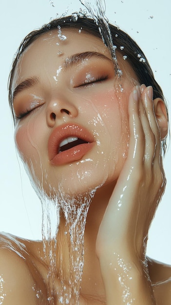 Photo slavic woman with water pouring down her face showcasing beautiful skin against a white background