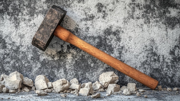 Photo sledgehammer leaning against a wall chipped concrete surface low angle light