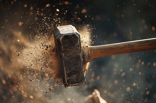 Photo sledgehammer swing impact with dust and debris flying intense action capture for print or poster design