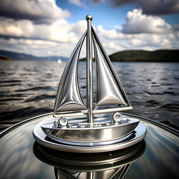 Photo a sleek 3d rendering of a chrome sailboat icon perfect for websites apps and presentations related to travel leisure and luxury